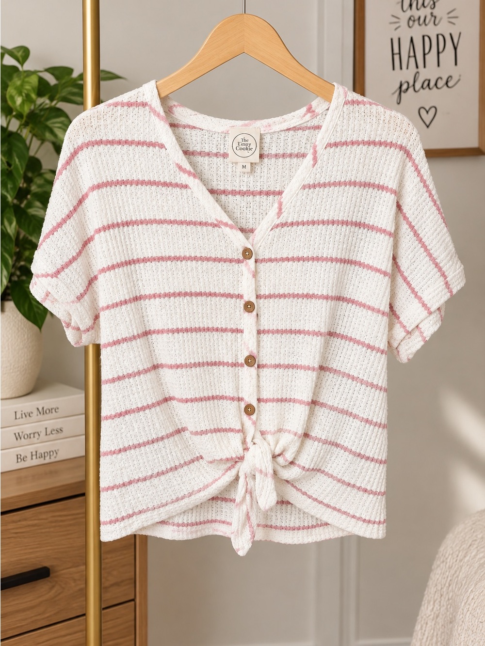 Paper Crane Striped Pink & White Tie-Front Button V-Neck Top -